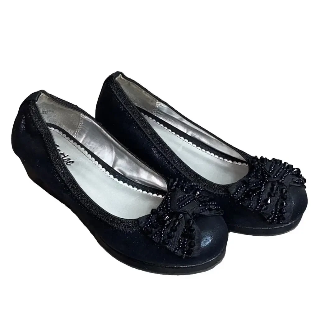 Justice Black Floral Beaded Bow Wedges 4